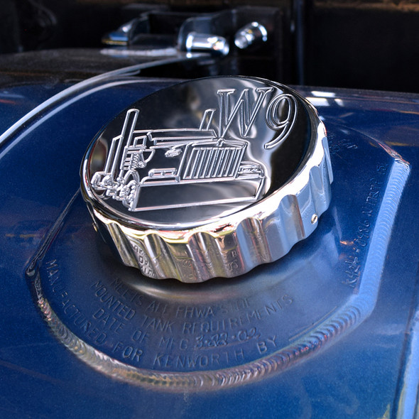 Chrome Kenworth W9 Fuel Cap Cover Ribbed - On Truck