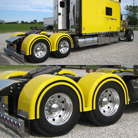 Semi Truck Fiberglass Double Hump Fender Set With Brackets Painted Yellow & Black