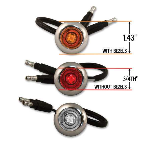 3/4" Button LED Lights With Amber, Red, And Clear Lens And Dimensions shown.