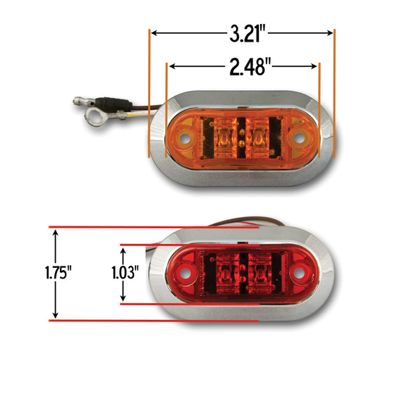 2 Challenger Chrome Bezeled Oval LED Lights with Amber and Red Lenses and Dimensions Shown.