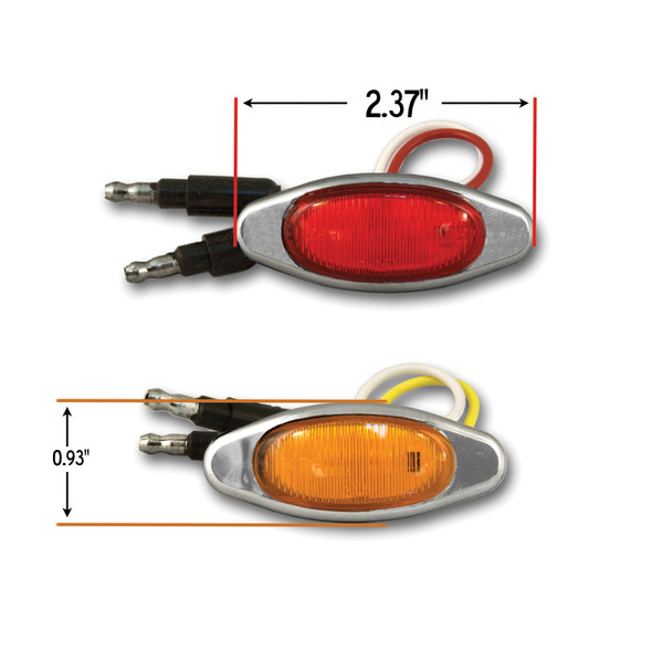 Mini LED Chrome Bezeled Lights With Amber And Red Lenses And Dimensions Shown.