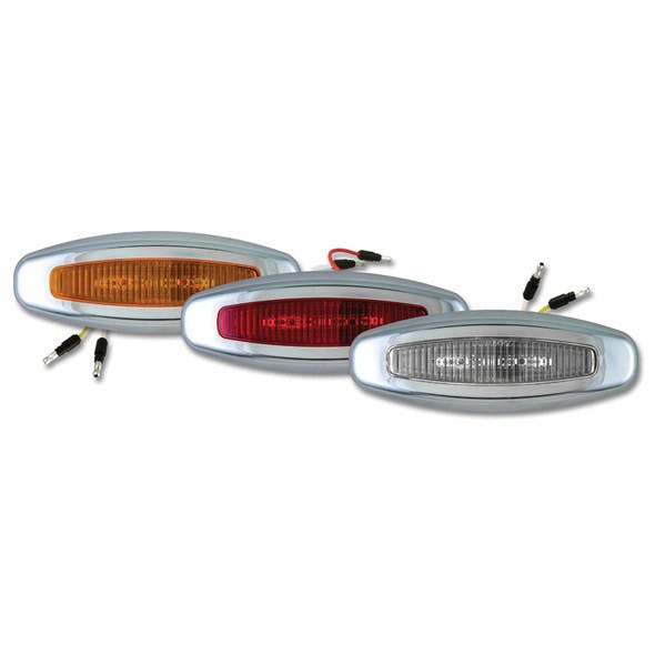 Crew LED Chrome Bezeled Lights With Amber, Red, And Clear Lenses.