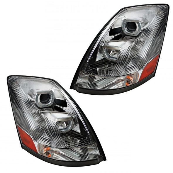 Unlit Volvo VNL Chrome Projection Headlights With LED Position Bar 2004 & Newer Driver Side Angle Passenger And Driver