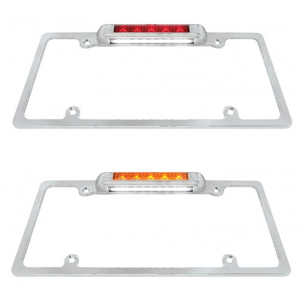 Lit Chrome Deluxe LED License Plate Frame Red And Amber Light And Lens Angle View