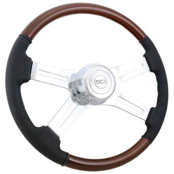 18" Classic Combo Wood & Leather 4 Chrome Spoke Steering Wheel