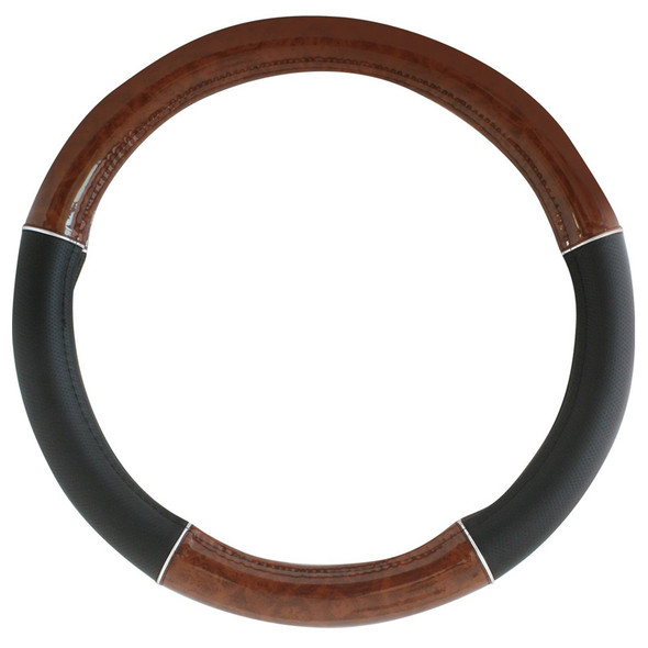 18" Black and Wood Steering Wheel Cover By Grand General With Chrome Trim