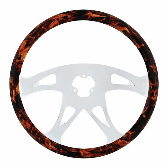 18" Flame Wood Boss Steering Wheel With Chrome Spokes