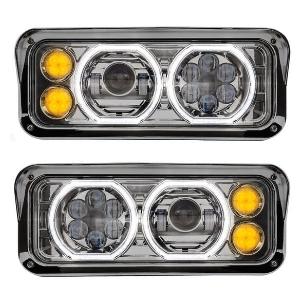 LED Projector Headlight Assembly With Chrome Finish Turn Signal On