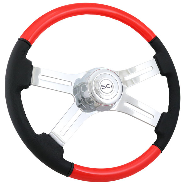 18" Classic Combo Red Wood & Leather 4 Chrome Spoke Steering Wheel - Side