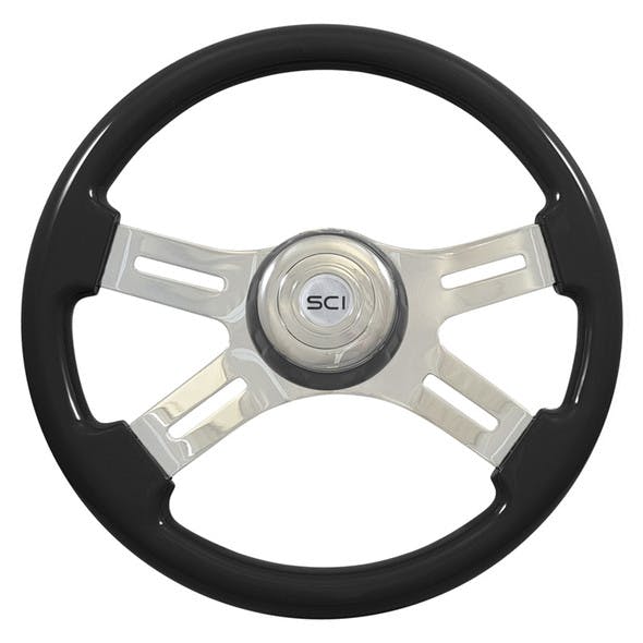 16" Classic Black Wood 4 Chrome Spoke Steering Wheel