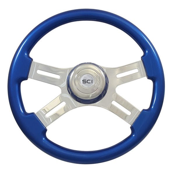 16" Classic Blue Wood 4 Chrome Spoke Steering Wheel