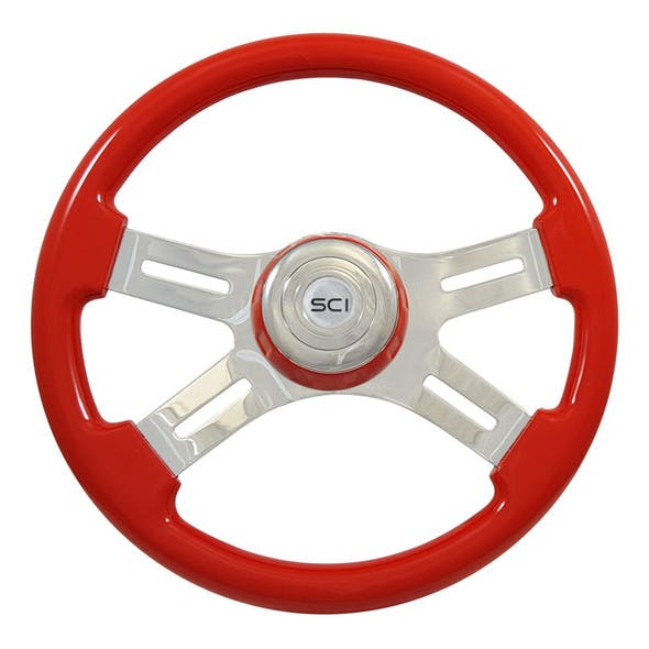 16" Classic Red Wood 4 Chrome Spoke Steering Wheel