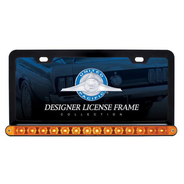 Black Universal License Plate Frame With 14 LED 12" Light Bar - Amber/Amber