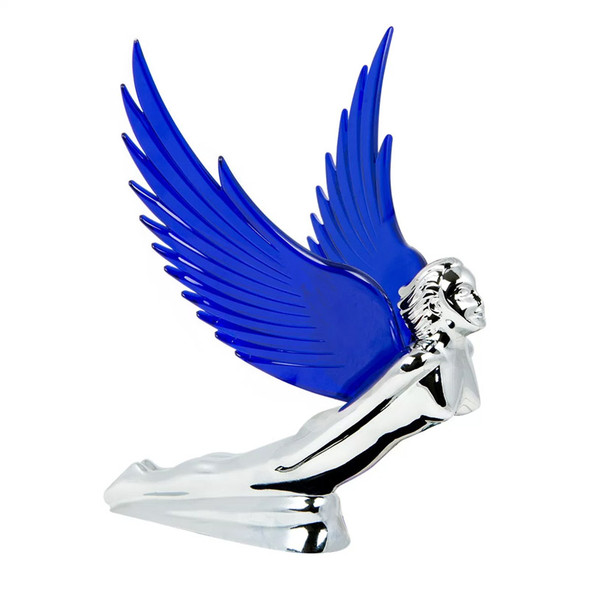 Chrome Flying Goddess Hood Ornament With Illuminated Wings - Blue