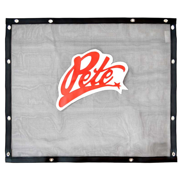 Peterbilt 379 Long Hood Black Bug Screen With Red Pete Logo Front View