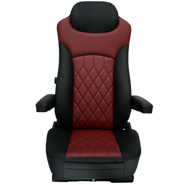 Economy High Back Diamond Pattern Leather Truck Seat With Lumbar Support - Black/Burgundy