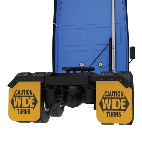 24" x 30" Yellow Caution Wide Turns Angled Mud Flap Pair - On Truck