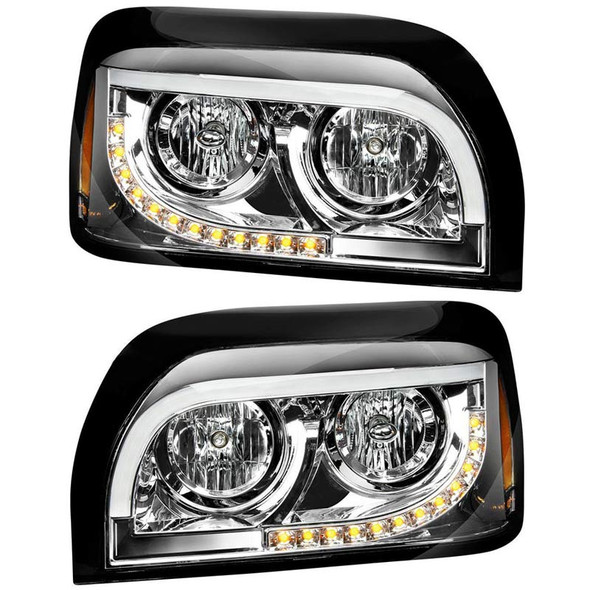 Freightliner Century Halogen Chrome Headlight With White LED DRL And Turn Signal - Complete Set