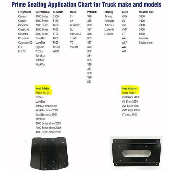 Prime TC200 Series Air Ride Suspension Cloth Truck Seat Adapter With Arm Rests Chart