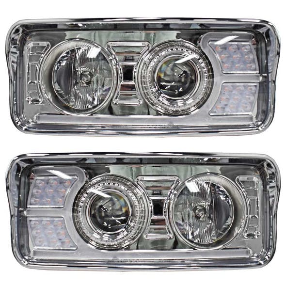 Kenworth T600 T800 W900 Chrome Projector Headlights With LED Amber Turn Signal & White Daylight Running Light- Complete Set