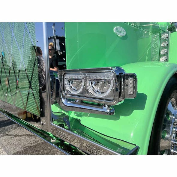 Peterbilt LED Headlight Assembly with Half Moon DRL Feature and Custom Mounting Arm - Close Green Peterbilt