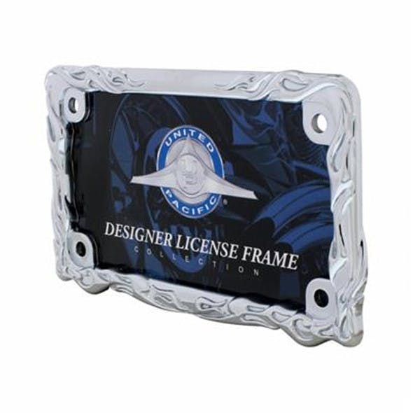 Motorcycle Chrome Flame License Plate Frame - Angled
