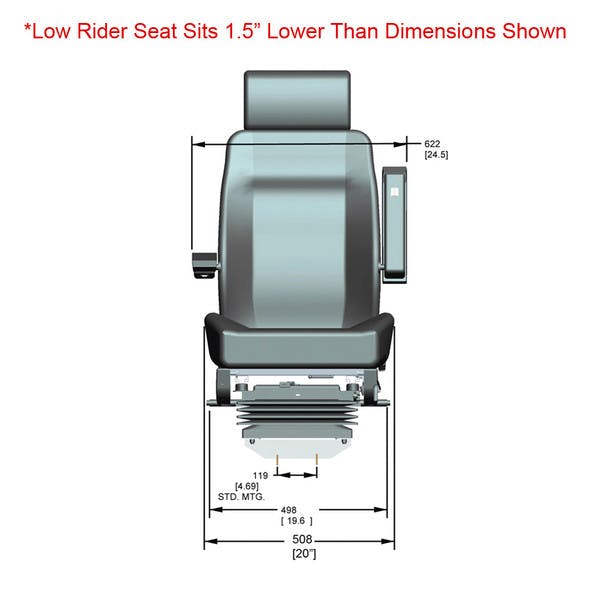 Air Chief Low Rider Truck Seat With Headrest By Knoedler - Front Dimensions