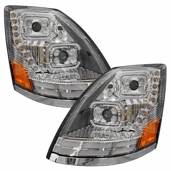 Volvo VNL VT 2004-2018 Full LED Chrome Projection Headlight With Halo Ring And Sequential Turn Signal Both Sides