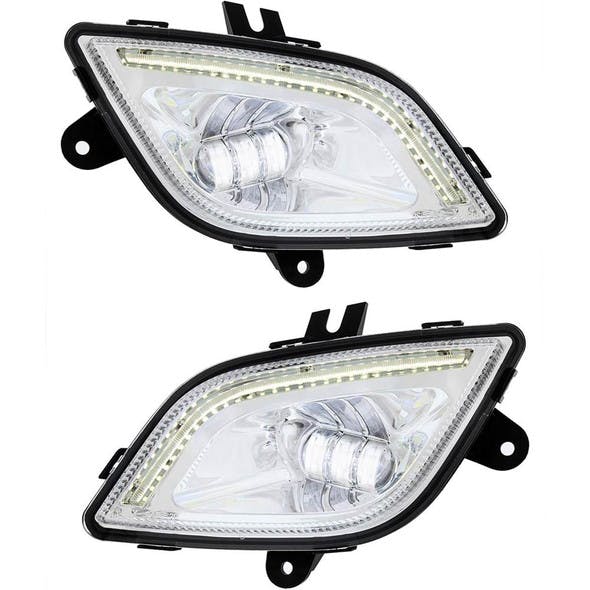 Freightliner Cascadia Chrome LED Fog Light With Light Bar A66-03653-002 A66-03653-003 Depicting The Driver and Passenger Side With Lights On
