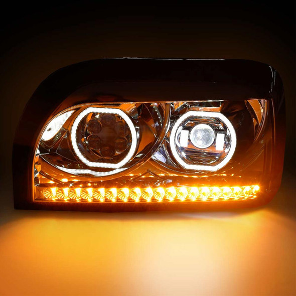 Freightliner Century Full LED Blackout Projector Headlight With Turn Signal Light Bar On