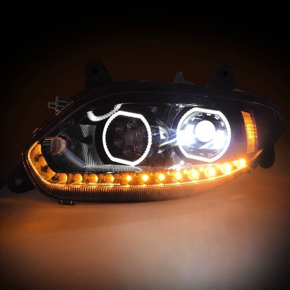 International LT Full LED Blackout Projector Headlight With Halo DRL & Turn Signal Lights On