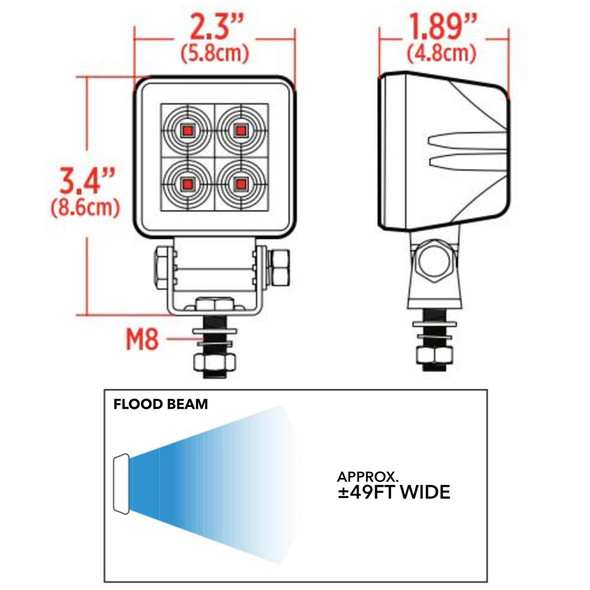 2.25" High-Powered LED Work Lamp With Flood Beam Dimensions