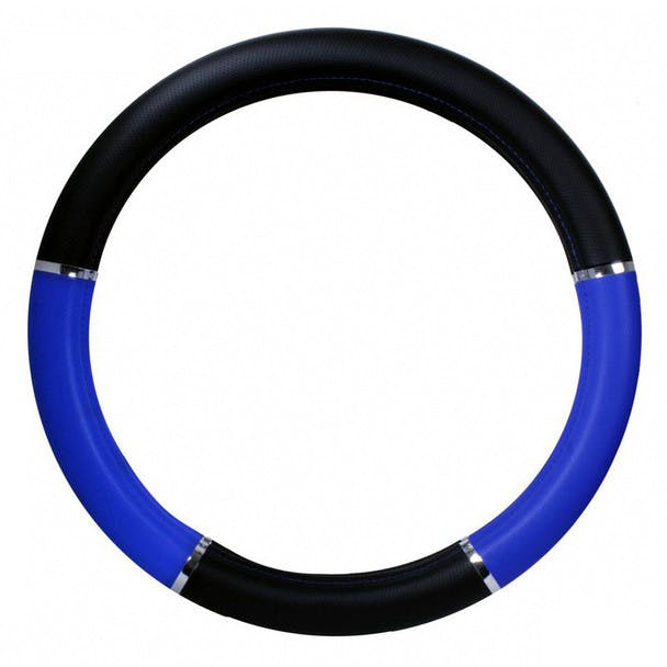 18" Blue And Black Steering Wheel Cover With Chrome Trim