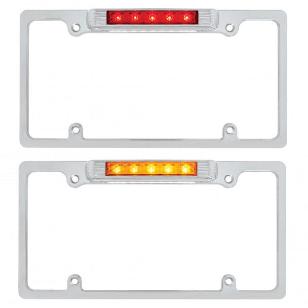 Lit Chrome Deluxe LED License Plate Frame Red And Amber Light And Lens