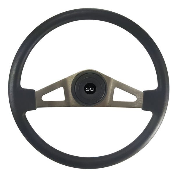 18" Pinion Black Polyurethane Steering Wheel With Brushed Nickel Spokes