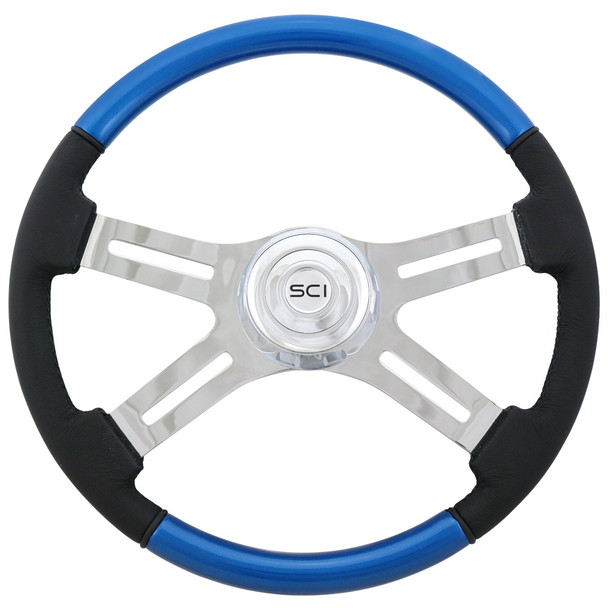 18" Classic Combo Blue Wood & Leather 4 Chrome Spoke Steering Wheel