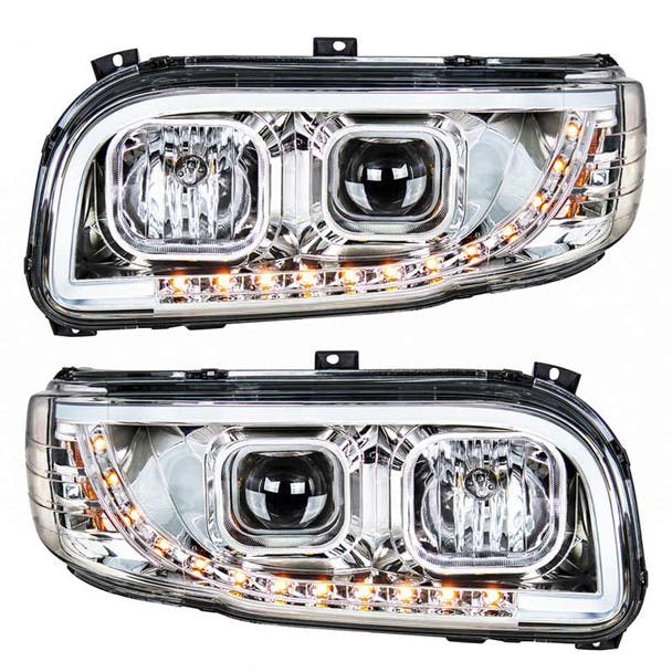 Peterbilt 388 389 Aftermarket Chrome Projection Headlight with LED Bar Front Both