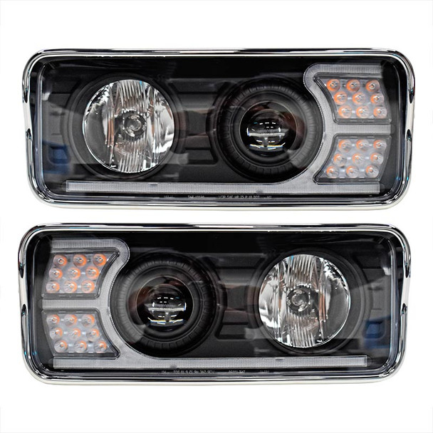 Kenworth T600 T800 W900 Blackout Projector Headlights With LED Amber Turn Signal & White Daylight Running Light (Complete Kit)