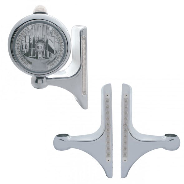 Peterbilt Double J Style Headlight Brackets With Amber LED & Clear Lens