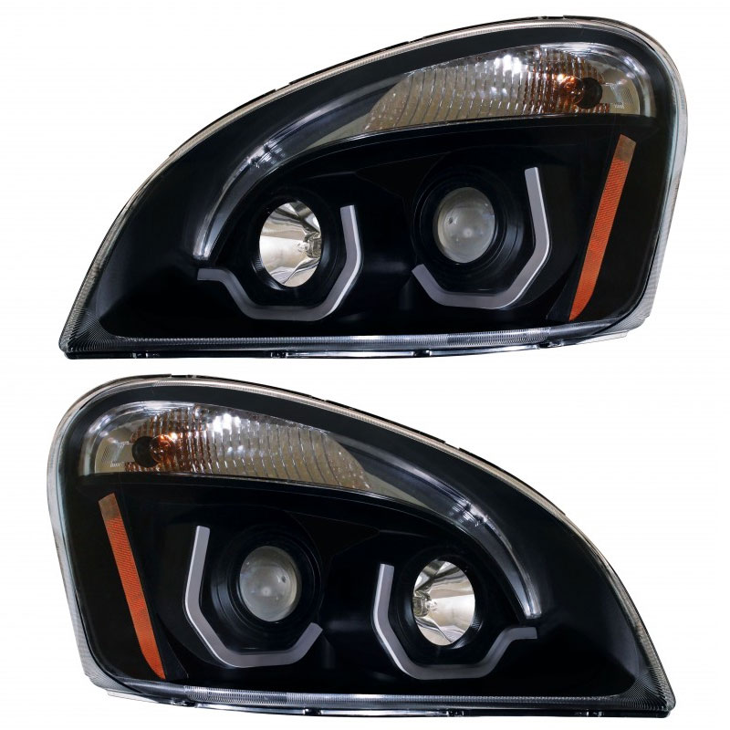 Freightliner Cascadia Blackout Projection Headlight Set With LED Bar