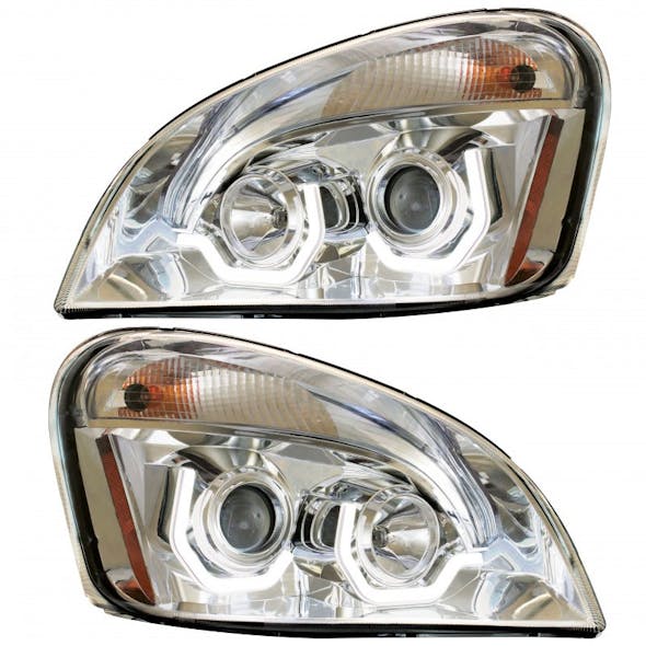 Freightliner Cascadia Chrome Projection Headlight With LED Position Light Bar On