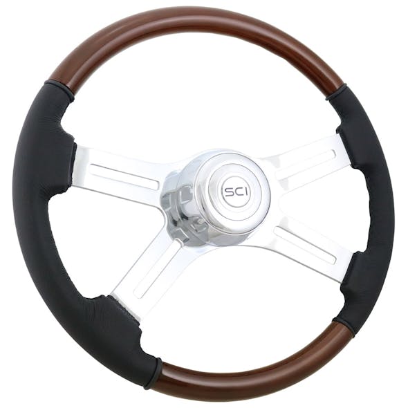 18" Classic Combo Wood & Leather 4 Chrome Spoke Steering Wheel