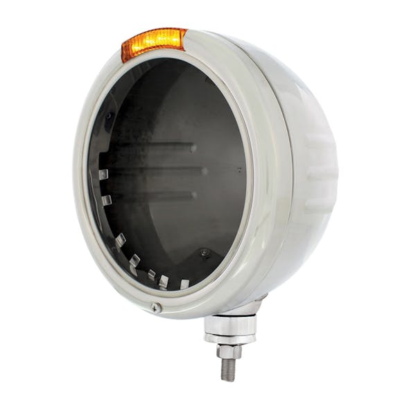 Stainless Steel Classic Triple Embossed Stripe Peterbilt Headlight Housing With 4 Amber LED Turn Signal Amber Lens