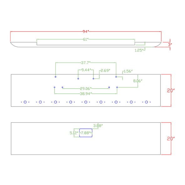 Peterbilt 379 20" Chrome Bumper Texas Square With 9 M1 Style Light Holes Drawing