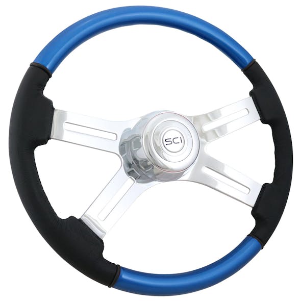 18" Classic Combo Blue Wood & Leather 4 Chrome Spoke Steering Wheel - Side