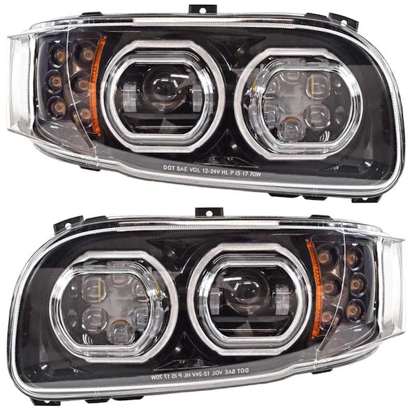 Peterbilt 388 389 367 567 Full Black LED Aftermarket Projector Headlight With Halo Ring
