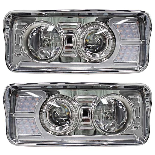 Freightliner Classic Chrome Projector Headlights With LED Amber Turn Signal & White Daylight Running Light- Complete Set