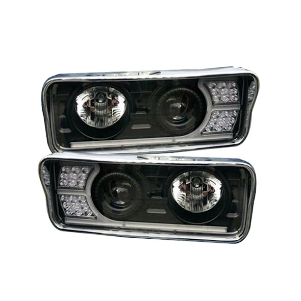 Freightliner Classic Blackout Projector Headlights With LED Amber Turn Signal & White Daylight Running Light- Complete Kit