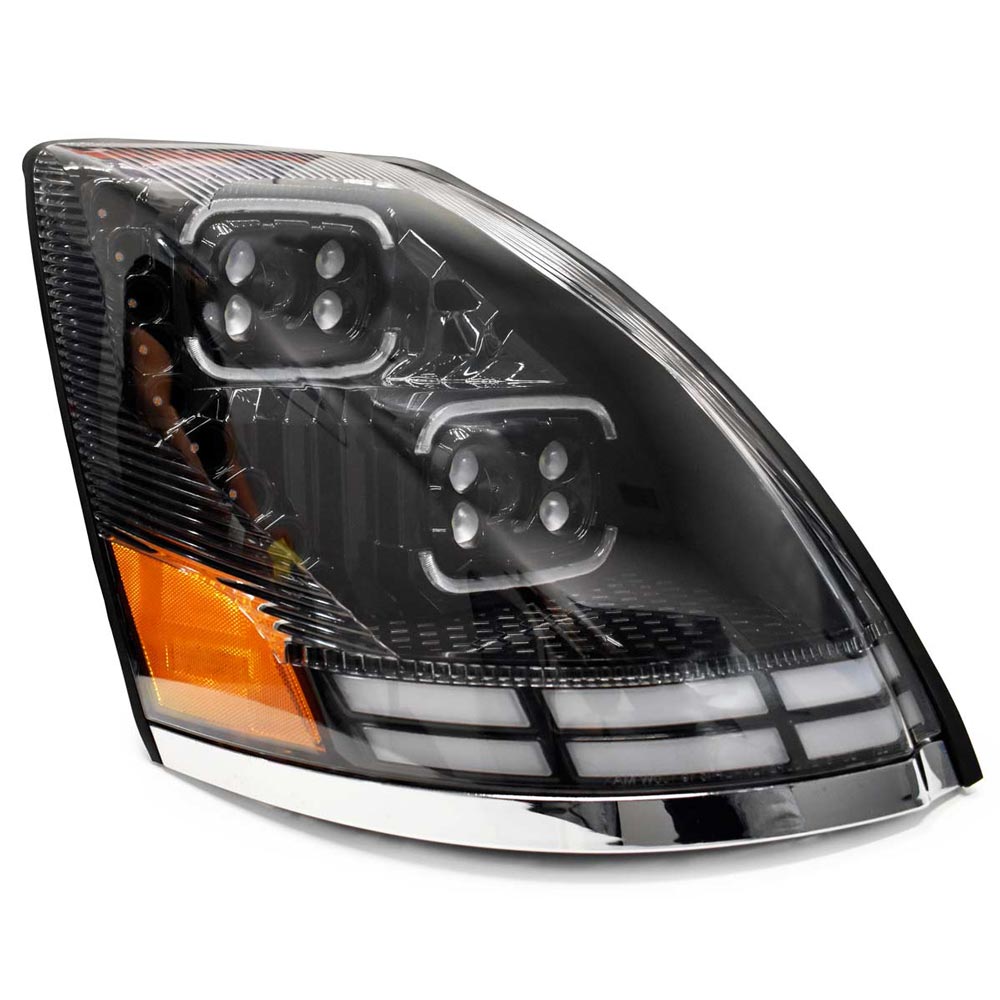 Volvo VNL VT 2004-2018 Full LED Black Projection Headlight With Halo Ring  And Sequential Turn Signal