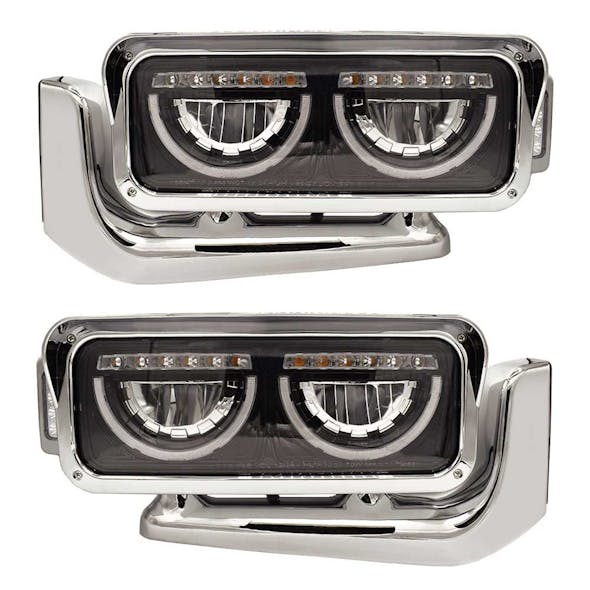 Peterbilt 389 589 Blackout LED Headlight Assembly with Half Moon DRL Feature and Custom Mounting Arm - Both Sides